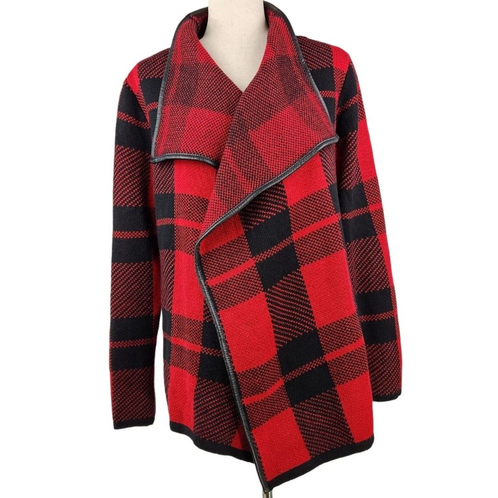 Papillon Women's XL Cardigan Sweater Fly Away Jacket Buffalo Plaid Red Black NWT